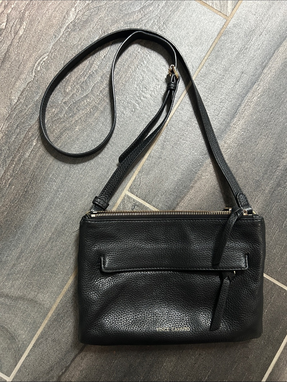 Vince Camuto Black Pebbled Leather Crossbody with Gold Accents - Picture 1 of 4